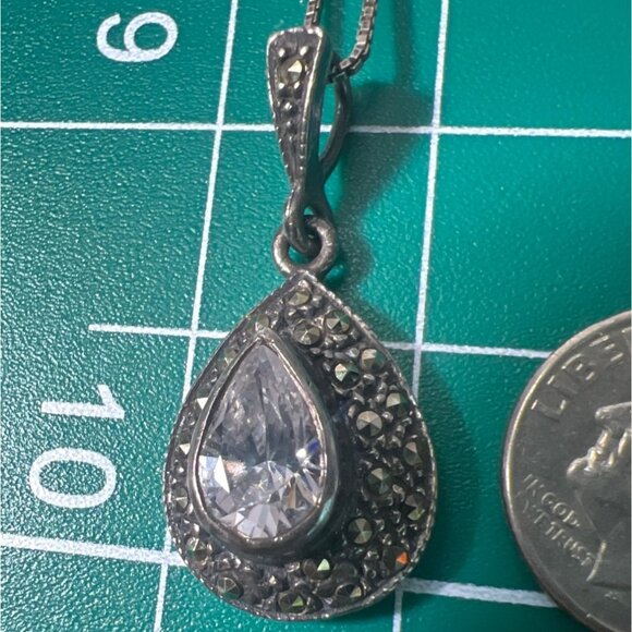 925 Sterling Silver Teardrop Pendant Necklace Marcasite Cubic Zirconia Gemstones - Picture 6 of 10